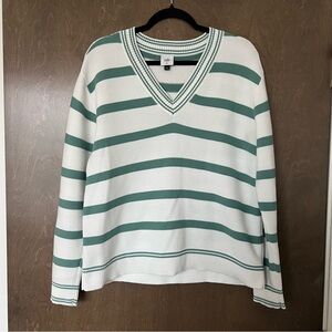 White and Teal Striped Sweater